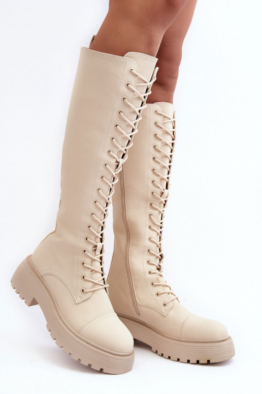 šņorējami siltināti garie zābaki Kerzi  smilšu krāsas Bergdis