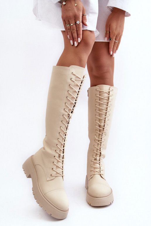 šņorējami siltināti garie zābaki Kerzi  smilšu krāsas Bergdis