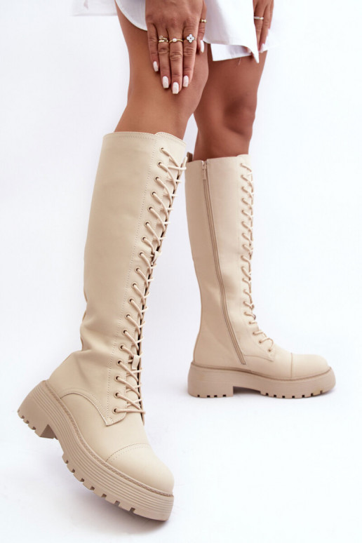 šņorējami siltināti garie zābaki Kerzi  smilšu krāsas Bergdis