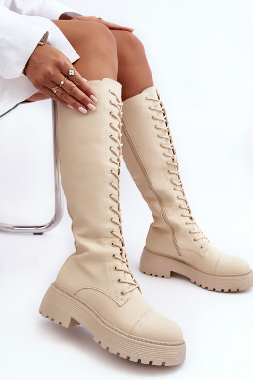 šņorējami siltināti garie zābaki Kerzi  smilšu krāsas Bergdis