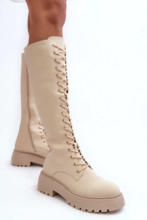 šņorējami siltināti garie zābaki Kerzi  smilšu krāsas Bergdis