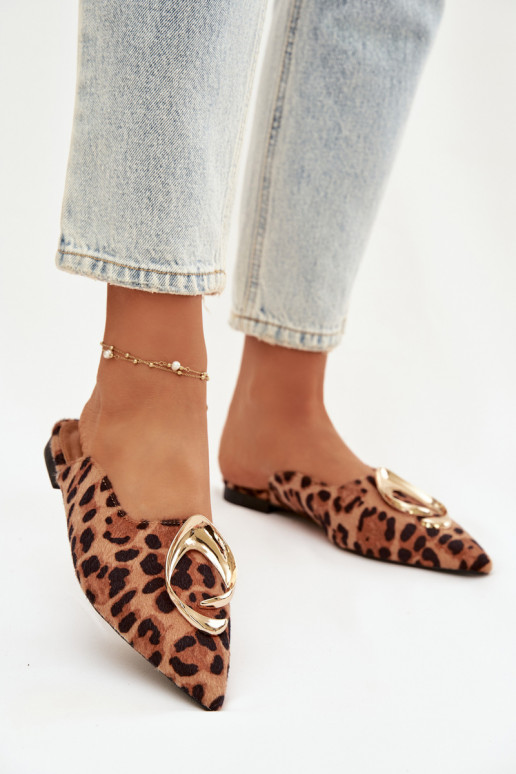 sieviešu čības Mule  Zelta krāsasm Detalem ar leoparda kažokādas rakstu Galvella