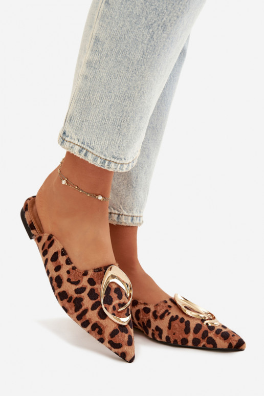 sieviešu čības Mule  Zelta krāsasm Detalem ar leoparda kažokādas rakstu Galvella