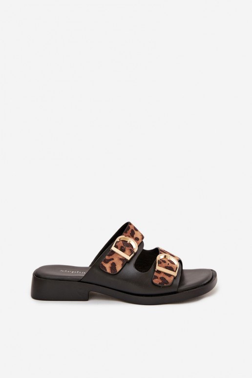 sieviešu čības Ze Zelta krāsasmi ar sprādzēmmi ar leoparda kažokādas rakstu melns un brūns Danelle