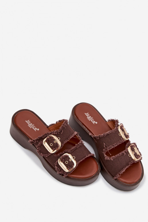 Sieviešu čības ar platformu zelta krāsā ar šokolādes krāsas sprādzēm