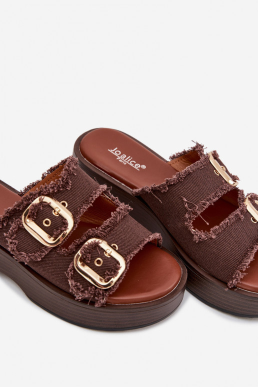 Sieviešu čības ar platformu zelta krāsā ar šokolādes krāsas sprādzēm