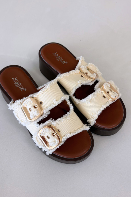 Sieviešu čības ar platformu zelta krāsā ar ziloņa kaula krāsas sprādzēm