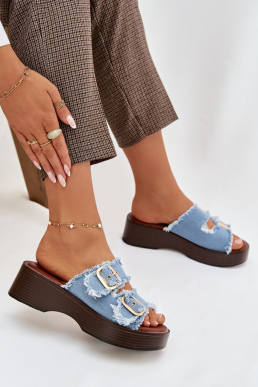 Sieviešu čības ar platformu zelta krāsā ar zila krāsas sprādzēm