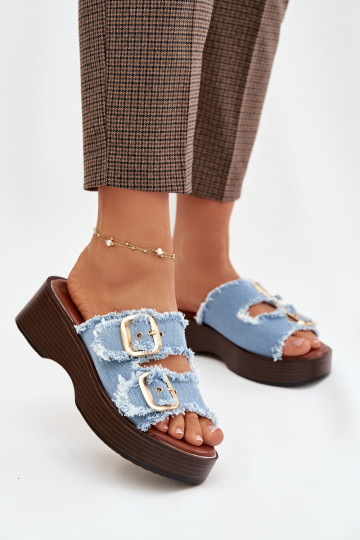 Sieviešu čības ar platformu zelta krāsā ar zila krāsas sprādzēm 2