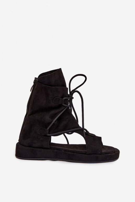 Sieviešu sandales no mākslīgā zamša ar potīti un saites melnā krāsā Ferlisse
