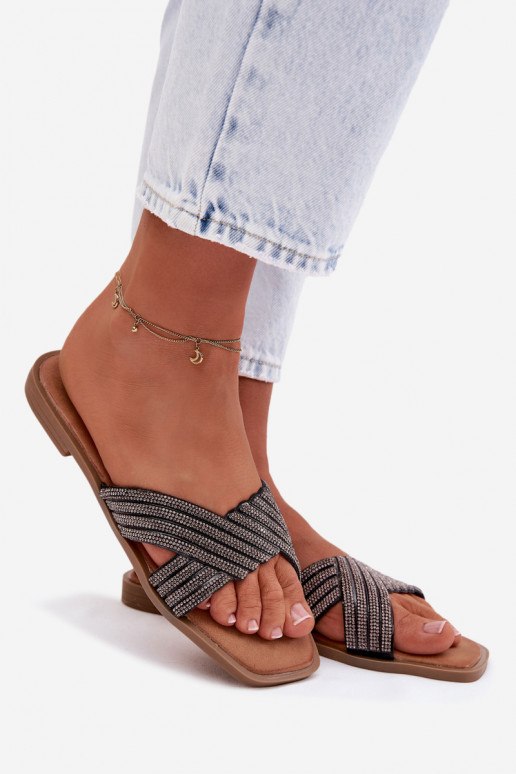 sieviešu čības ar platiem papēžiem ar mirdzošiem spīdumiņiem Melns Zinnia