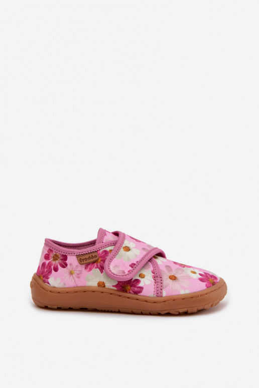 Bērnu šļūcenes ar lipīgām aizdares Barefoot ar puķītēm Froddo G1700438-8 rozā krāsā