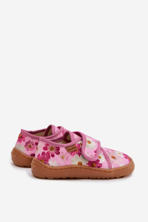 Bērnu šļūcenes ar lipīgām aizdares Barefoot ar puķītēm Froddo G1700438-8 rozā krāsā