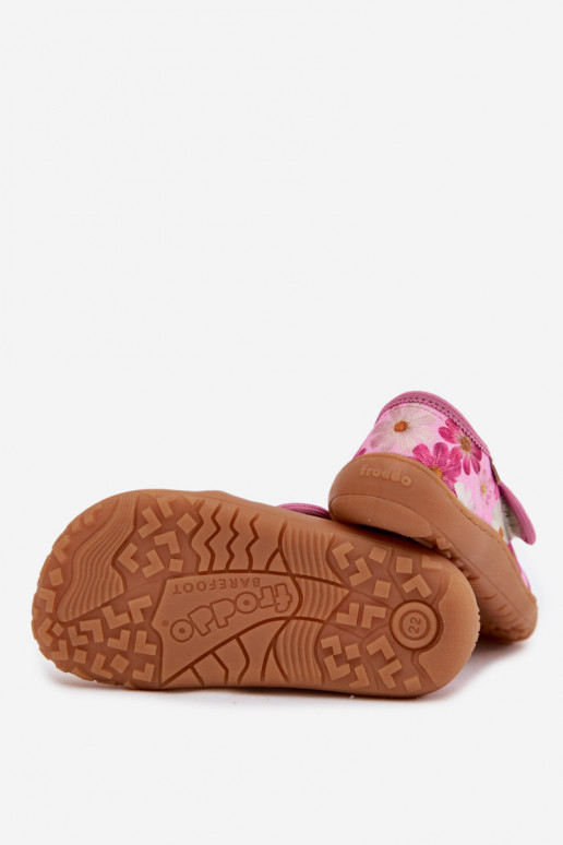 Bērnu šļūcenes ar lipīgām aizdares Barefoot ar puķītēm Froddo G1700438-8 rozā krāsā