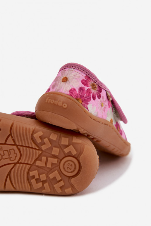 Bērnu šļūcenes ar lipīgām aizdares Barefoot ar puķītēm Froddo G1700438-8 rozā krāsā