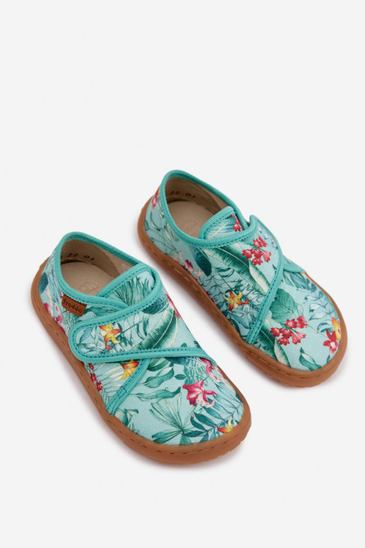 Bērnu šļūcenes ar lipīgām aizdares Barefoot ar ziedu motīviem un lapām Froddo G1700438-14 mentola krāsā