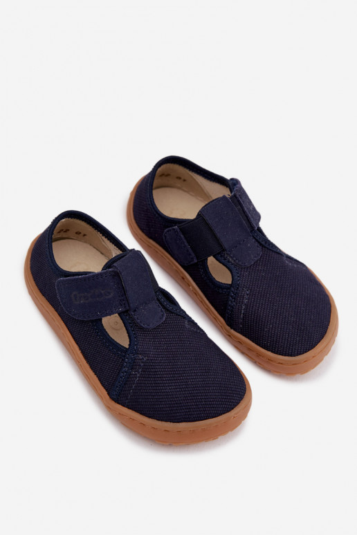 Bērnu šļūcenes ar lipīgām aizdares Barefoot Froddo Canvas G1700439 tumši zilā krāsā