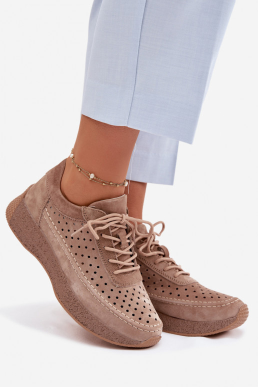 Ādas sneakers stila sieviešu kurpes ar caurumu elementiem Sergio Leone SP-013 brūnas krāsā