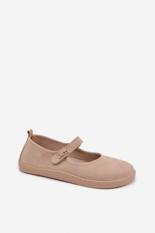 Ādas zamša balerīnas Barefoot ar siksniņām Zazoo 10206 smilšu krāsā