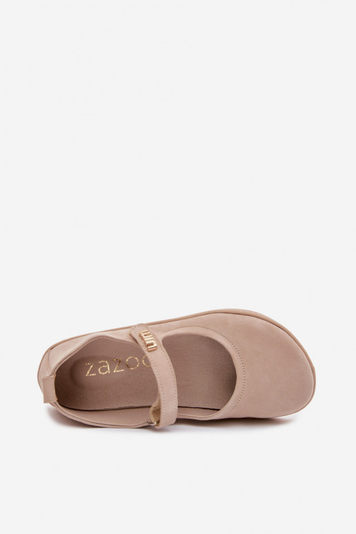 Ādas zamša balerīnas Barefoot ar siksniņām Zazoo 10206 smilšu krāsā
