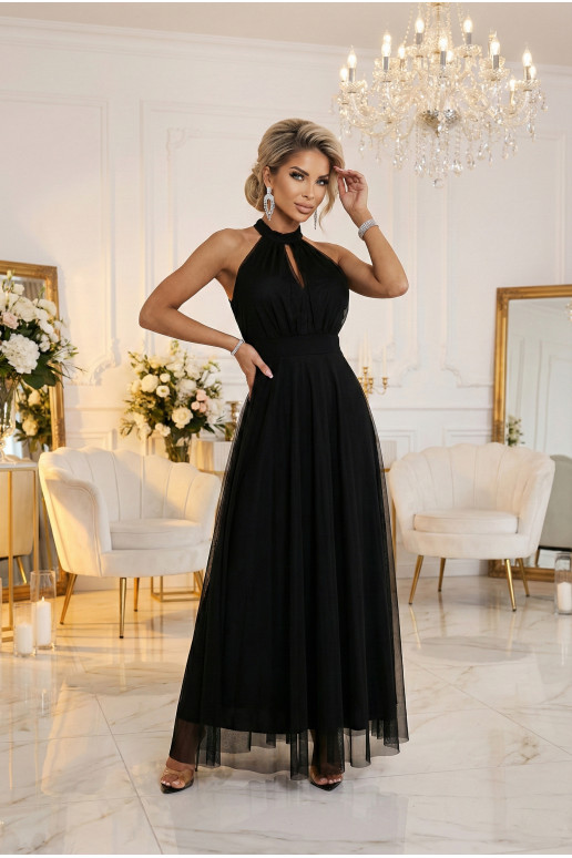 Eleganta vakara maxi kleita ar tilla un jostu - melna