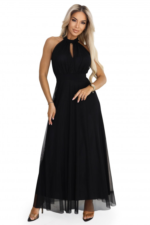 Eleganta vakara maxi kleita ar tilla un jostu - melna