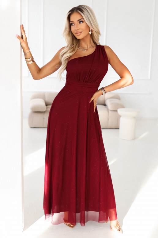 Ilga spīdīga vakara kleita uz viena pleca - burgundijas
