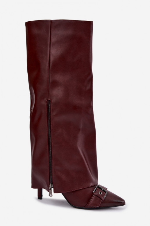 siltināti garie zābaki ar papēdi Z Wywiniętą Cholewką I ar sprādzēm bordo krāsas Kelra