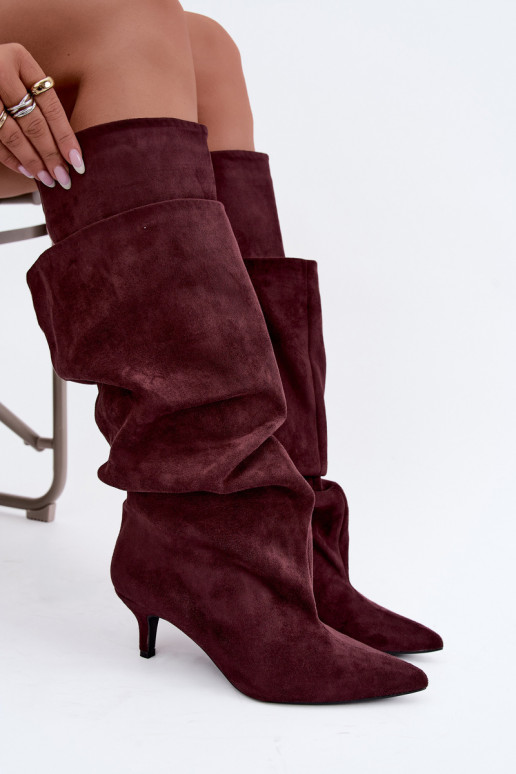 siltināti garie zābaki  ar papēdi bordo krāsas Oriellea