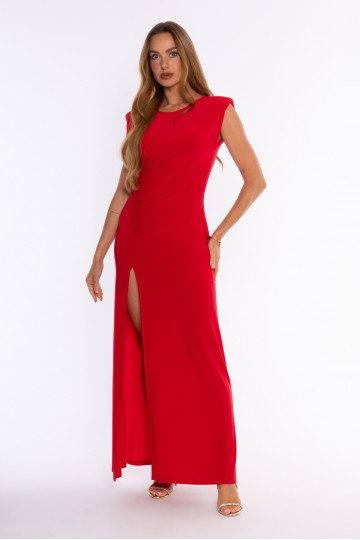 Sarkana maxi kleita ar ruffles un augstu šķēlumu 2
