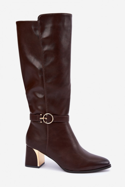 siltināti garie zābaki ar papēdi ar dekorētiem papēžiem Czekoladowe Senvia
