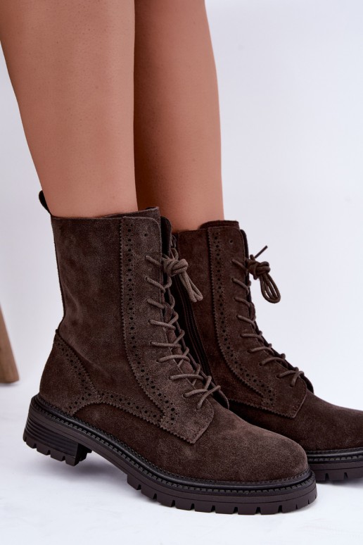 siltināti Šņorējami puszābaki Z Naturalnego Zamszu Czekoladowe Rasvena