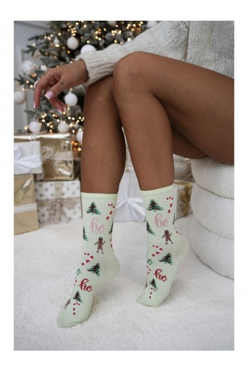 Zeķes  Christmas Choinki Ho Ho Ho Pistacjowe