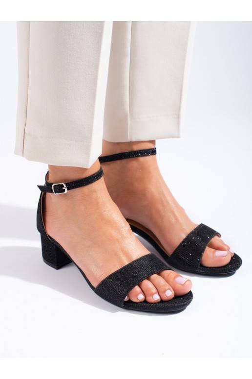 Eleganta stila brokatowe kurpes uz zemiem papēžiem Shelovet Melnas krāsas