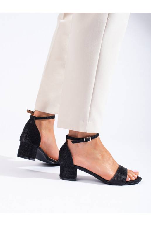 Eleganta stila brokatowe kurpes uz zemiem papēžiem Shelovet Melnas krāsas